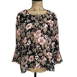 Vintage Joanna Womens M Top Pink Floral Tie Ruffle 3/4 Sleeve Round Neck Blouse